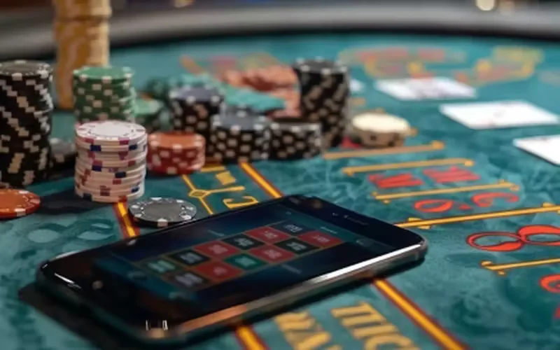 Satisfied Brazilian user engaging with the 773BRL app on a smartphone against a backdrop of casino lights